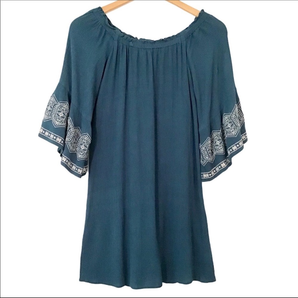 Flying Tomato Teal Blue Dress Size S Embroidered Bell Sleeves Bohemian Style